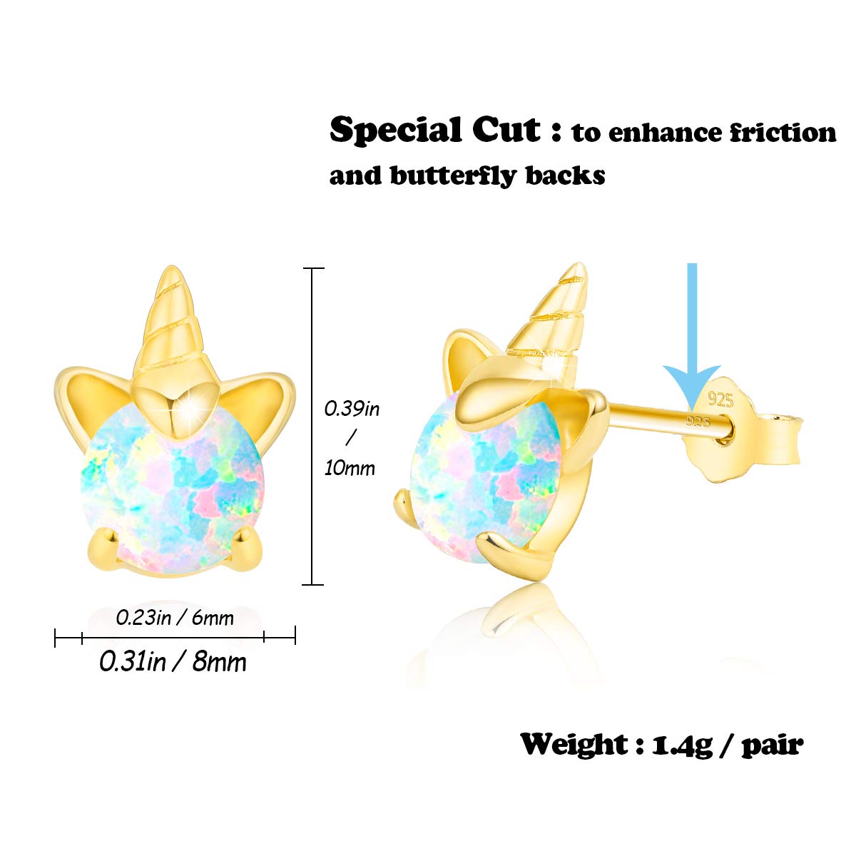 Unicorn Earrings for Girls, Hypoallergenic Fire Opal Stud Earrings ARSKRO S925 Sterling Silver with Gold Mini Tiny Cute Earring Jewelry Gifts for Kids Women