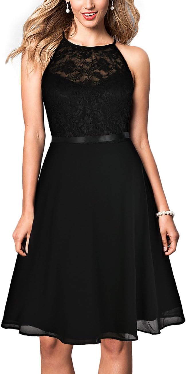 REPHYLLIS Women's 1950'S Vintage Halter Sleeveless Lace Wedding Swing Dress