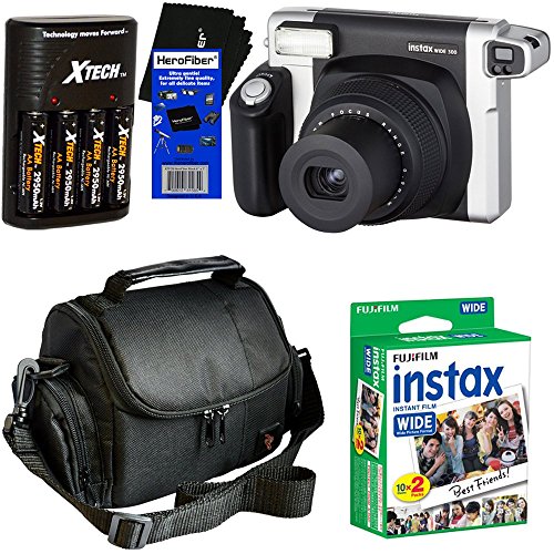 Fujifilm INSTAX 300 Wide-Format Instant Photo Film Camera (Black/Silver) + Fujifilm instax Wide Instant Film, Twin Pack (20 sheets) + 4 AA High Capacity Rechargeable Batteries with Battery Charger + Camera Case + HeroFiber® Ultra Gentle Cleaning Cloth