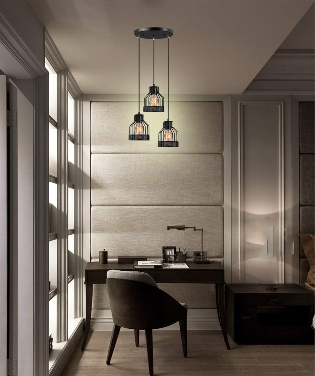 Industrial Pendant Lighting Licperron E26 Base Edison Metal Caged Vintage Hanging Pendant 3-Lights Rustic Pendant Light Fixture for Kitchen Dining Room Bar Hotel - - 