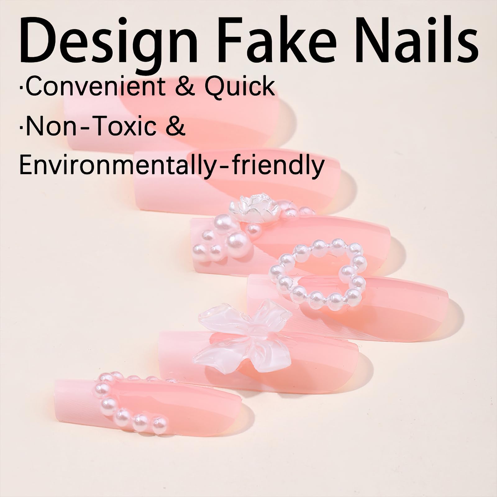 ROFIBUT French Tip Press on Nails Medium Square Fake Nails Glossy Full Cover Gel Glue on Nails with Pearls Design Luxury 3D Bow Rose Charms Coffin False Nails for Women Manicure Nail Decor 24Pcs - Image 2