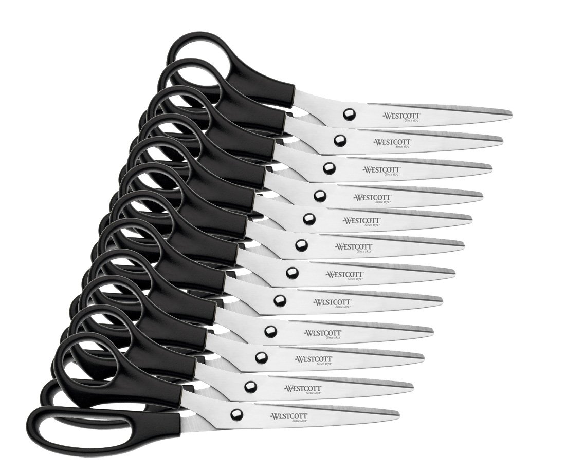 Westcott E-31182 00 Office Scissors Stainless Steel Blades and Black Plastic Handle 21 CM, Pack of 12