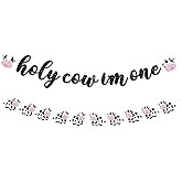 2 Pcs Holy Cow I'm One Birthday Decorations First Birthday Banner Pink Black Glitter 1st Photo Banner Decor Farm Animal Theme Cowgirl Party Supplies