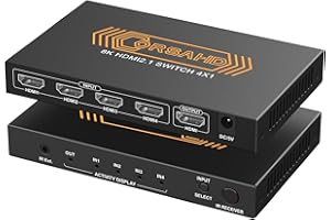 CORSAHD 8K@60Hz HDMI 2.1 Switch 4x1 4K 120Hz 48Gbps,HDCP 2.3,ARC,VRR,CEC,HDMI Switcher 4 in 1 Out,4 Port HDMI Selector,IR Remote,3D,HDR 10,Dolby Atmos,for TV,PS5,Xbox,Fire Stick,Roku,Blu Ray,Projector