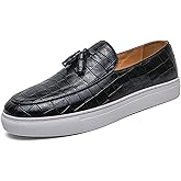 Men's Pattern Leather Platform Slip On Tassel Loafers Comfortable Round Toe Low Top Non-Slip Casual Dress Shoes Flat Penny Loafer for Dating Business Party