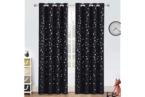 PrinceDeco Blackout Kids Curtains for Bedroom Thermal Insulated Silver Twinkle Star Curtains for Boys Antique Grommet Top Window Treatment 2 Panels Drape for Nursery (52" W x 84" L, Black/Silver)