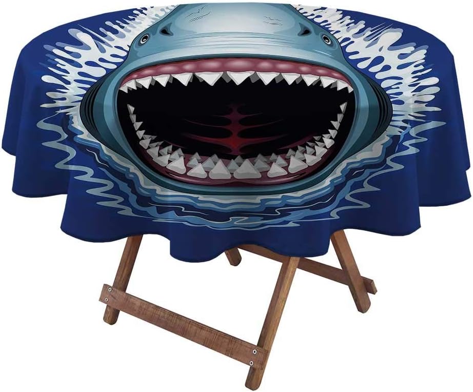 shirlyhome Table Cloth Round Shark Table Cover in Washable Polyester Attack of Open Mouth Sharp Teeth Sea Danger Wildlife Ocean Life Cartoon Picnic Folding Table Cover Royal Blue Teal (Diameter 70")