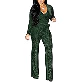 LightlyKiss Women Casual Sexy V Neck Sparkly Jumpsuits Long Sleeve Onesie Loose Pants Party Clubwear with Belt