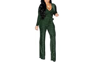 LightlyKiss Women Casual Sexy V Neck Sparkly Jumpsuits Long Sleeve Onesie Loose Pants Party Clubwear with Belt