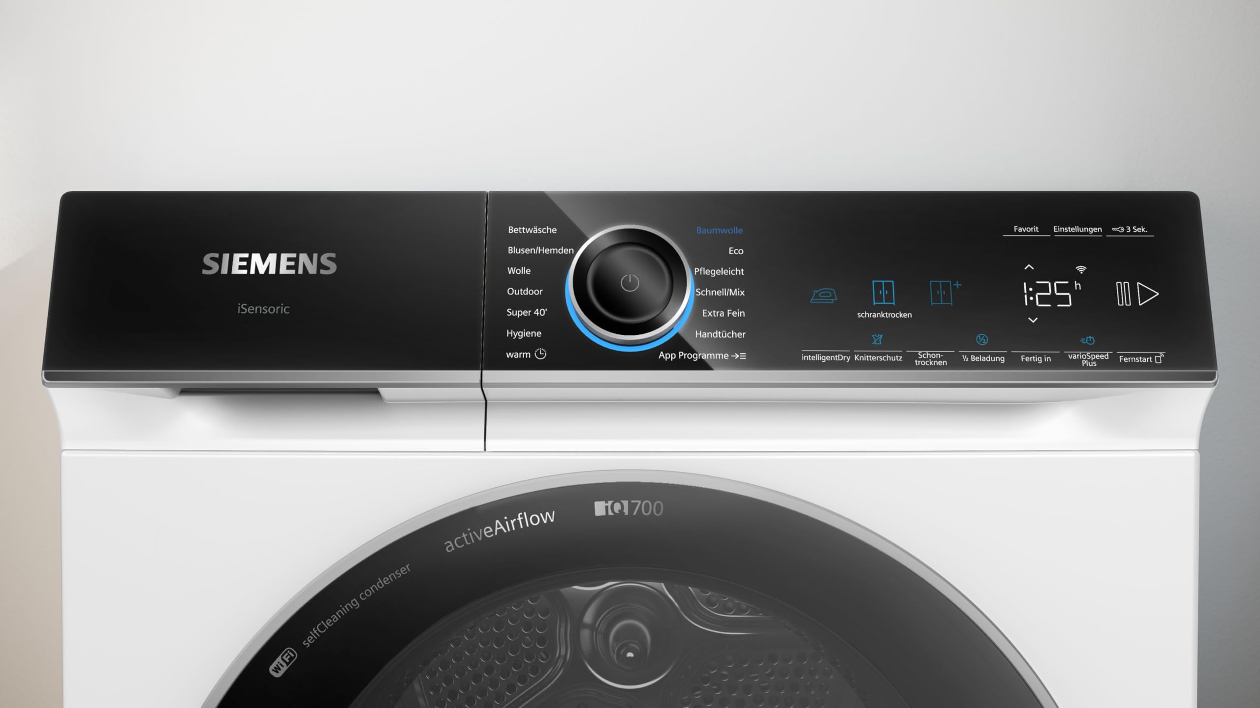 Siemens WR47B2C40 iQ700 Wärmepumpen-Trockner, 9 kg, Selbstreinigender Kondensator, AutoDry, Kurzprogramm 40', Nachlegefunktion, Reversierende Trommel, halbe Beladung, LED-Display, Touch Control 7