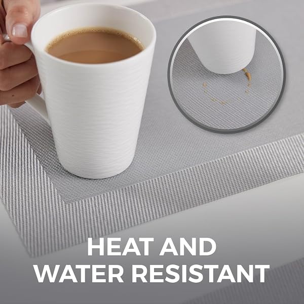 HOME GENIE HEAT RESISTANT PLACEMATS, DINING ROOM TABLE MATS, PROTECT SURFACES, WOVEN PLACEMAT SETTING FOR DINNER, WASHABLE VINYL FOOD GRADE MAT, KITCHEN DECOR ACCESSORIES, SET OF 4, SIZE 18X12, SILVER