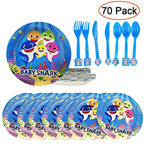 Baby Shark Birthday Party Supplies Packs, 70pcs Baby Shark Plates,Forks,Spoons,Knives Baby Shark Party Supplies