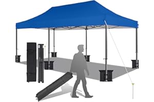 Eesdom 10x20 Canopy Tent with Roller Bag, Commercial Pop Up Canopy Tent, Adjustable Height with Pull Ring, Outdoor Canopy for Beach, Parties, UPF50+, 6 Stakes & 6 Sandbags & 6 Ropes, Blue