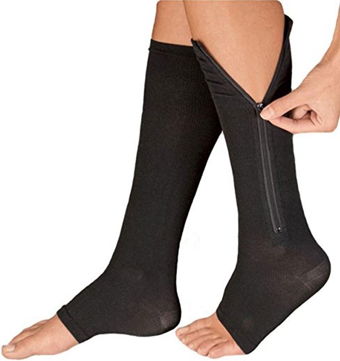 Runee Zipper Compression Sock Open Toe Knee Length Leg Calf Support (L/XL, Black)