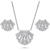 BERRICLE Sterling Silver Vintage Inspired Art Deco Cubic Zirconia CZ Fashion Necklace and Earrings Set for Women, Rhodium Plated