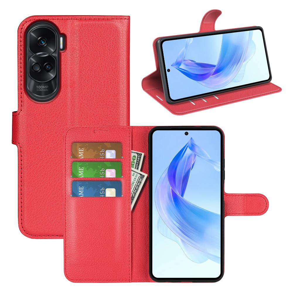 JIUNINE Case for Honor 90 Lite, Leather Wallet Case Flip Cover with [Card Slot] [Magnetic Closure] [TPU Inner Shell] for Honor 90 Lite, Red