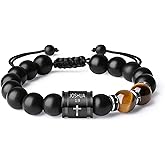 ketryep Mens Beaded Bracelets 10mm Natural Lava Rock Stone Black Onyx and Tiger Eyes, Bible Verse Cross Bracelets for Men Christmas Birthday Religious Gifts for Men Father Boyfriend Husband