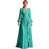 PSDEJR Long Sleeve Bridesmaid Dress Ruffle Chiffon Formal Dresses V Neck Pleated Formal Evening Gown with Pockets