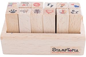 Hiyoo Wood DIY Rubber Stamp Set Scrapbook Hobby Craft Art Stamps, Love, Red Heart, Music Note, Footprint, Flower, Fire and More, Set of 12 pcs