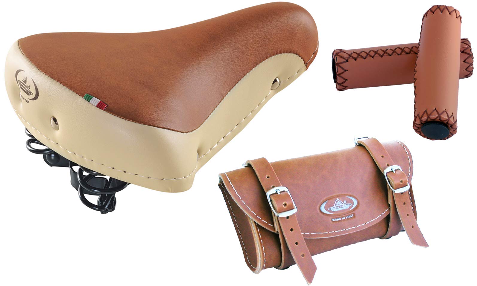 Tris Montegrappa(Cream/Honey + Honey): Vintage Saddle MOD. 08/F + Bag MOD 0016 + Grips