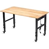 GVGBUK 48" Adjustable Workbench, Work Table with Wheels and Power Outlet | 2000LBS Load Capacity Rubber Wood Top Workstation, Heavy-Duty Craft Table for Garage Workshop