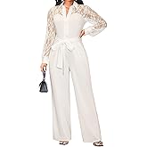 Elegant Jumpsuit for Women Dressy Sexy Lace Puff Sleeve Wide Leg Pant Suit One Piece Formal Outfits