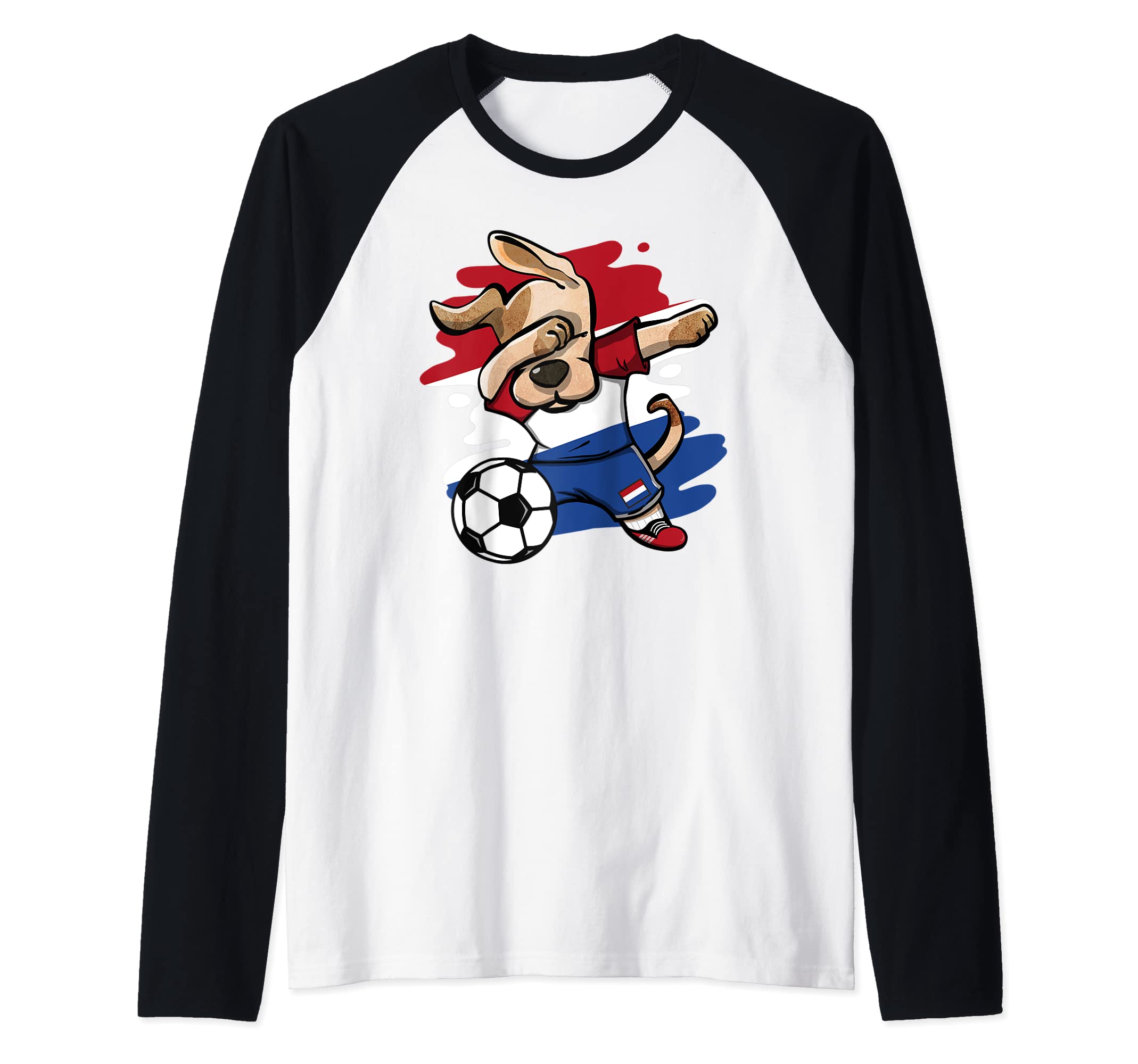Dabbing Dog Netherlands Soccer Fans Dutch Flag Football Art Raglan Baseball Tee