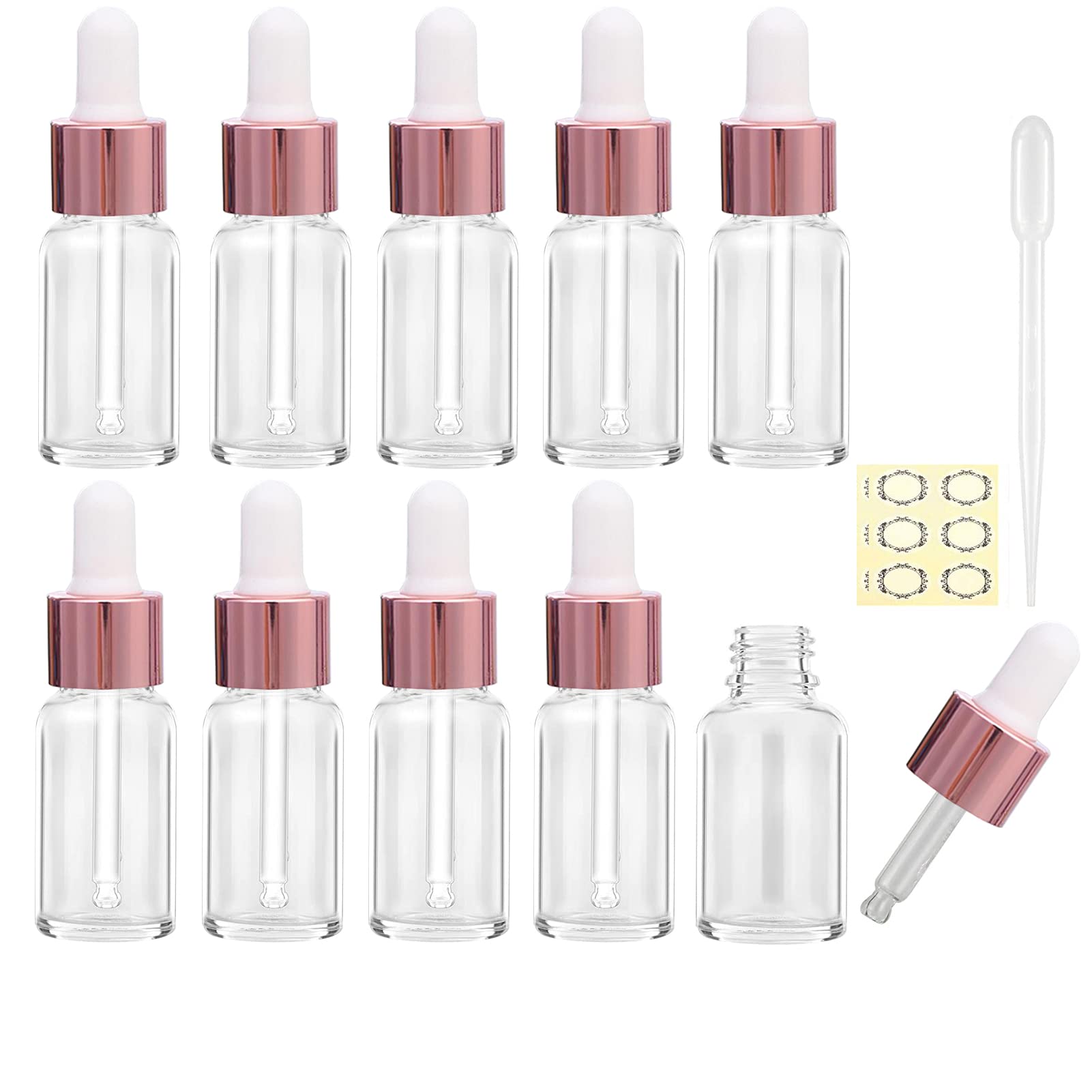 Alledomain 10Pcs, 5Ml Clear Glass Bottles with Dropper Pipettes, Mini Empty Dropper Bottles Rose Gold Metal Cap Refillable Sample Container for Essential Oil/Aromatherapy Blends/Chemical Liquid