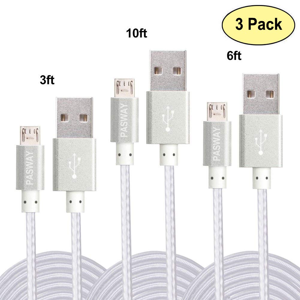 Pasway 3Pack (3ft/1m 6ft/2m 10ft/3m) Micro USB Cable Nylon Braided Sync Charging Cord Wire Universal for Android Smartphone & Tablets (Silver)