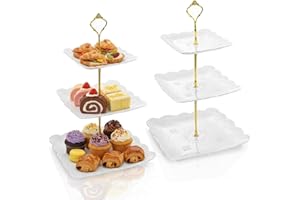 Tebery 2 Pack 3-Tier White Ceramic Embossed Dessert Cake Tower Stand with Gold Carry Handle, Cupcake Stand Serving Trays, Por