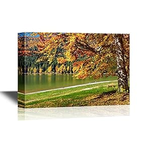Watercolor Style Canvas Wall Art - Autumn Forest Landscape and Famous Volcanic Lake - Gallery Wrap Modern Home Art | Ready to Hang - 12x18 inches