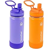 ThermoFlask Kids 16 oz Insulated Water Bottles with Straw Lid BPA-Free Stainless Steel Leakproof & Spill-Proof Design Easy Clean Wide Mouth 2-Pack for School, Sports, Playdates, Purple/Orange