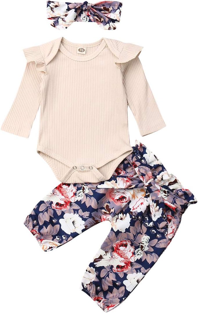 Baby Girl 2 Piece Outfits Newborn Infant Ruffle Romper Tops Floral Pants Headband Spring Clothes Set