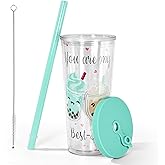 sweet grain Reuasble Boba Cup, 24 oz 100% Leak Proof and Double Wall Insulated Iced Coffee Tumbler with Reusable Plastic Straws and Straw Cleaner(Sky Blue)