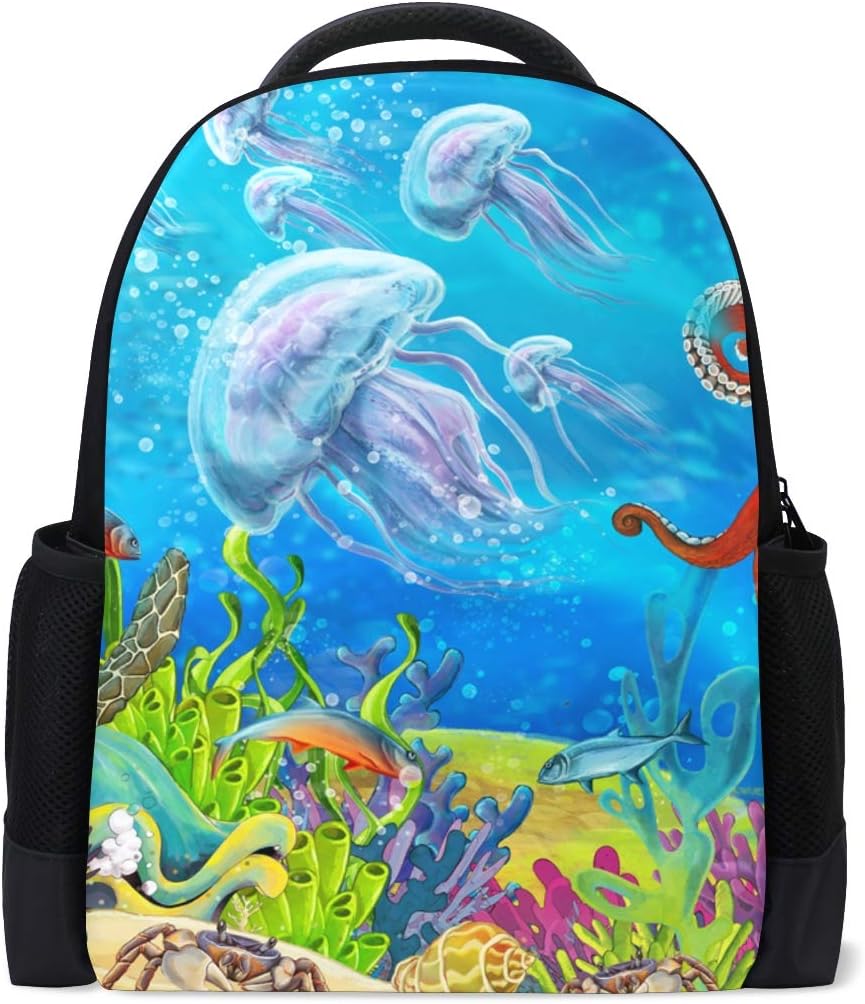 Lightweight School Backpack Travel Ocean Cartoon World Coral Reef Sea Turtle Octopus Jellyfish Rucksack for Boys Girls