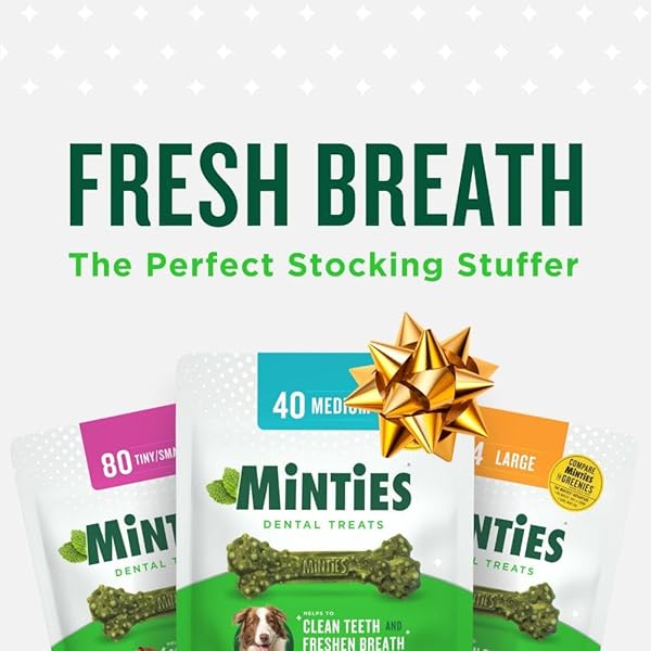MINTIES DOG DENTAL BONE TREATS, DENTAL CHEWS FOR DOGS 25-50 LBS, 60 COUNT, BRUSHING CHEWS HELPS CLEAN TEETH AND FRESHEN BAD BREATH, REMOVES PLAQUE AND TARTAR, VETERINARIAN RECOMMENDED