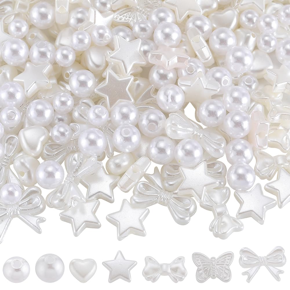 SUNNYCLUE 7 Styles 450Pcs ABS Imitation Pearl Beads Bulk Loose White Bead Plastic Heart Star Bowknot Butterfly Round Aesthetic Spacer Beads for jewellery Making DIY Necklace Bracelets Earring Beginner