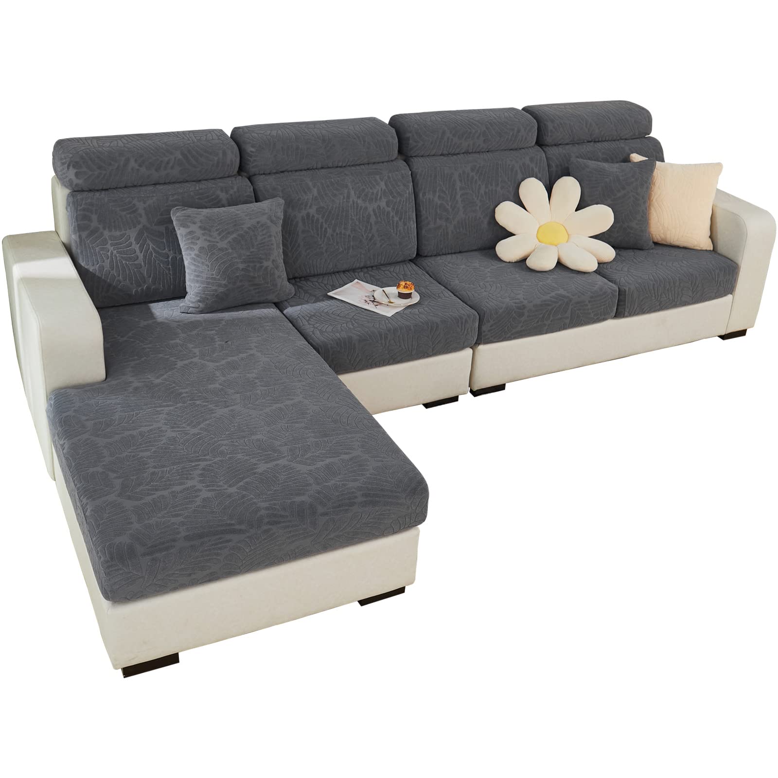 Super Stretch Sofa Cover 1 2 3 4 Seater L Shape, WearResistant Spandex Corner Sofa Cover Non Slip Sofa Slipcovers with Elastic Bottom, Great for Kids & Pets (Leaves Grey, 2 Seater)