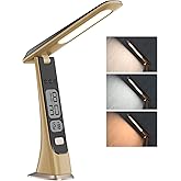 Morwealth Rechargeable Cordless LED Desk lamp, dimmable Table lamp with Battery,Digital Clock,LCD,Date,Stepless Brightness Foldable Portable Lights for Home,Reading,Office (Brown)