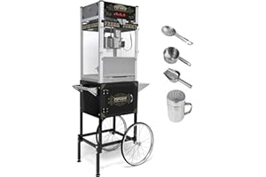 Commercial Popcorn Machine with Cart & 20oz Kettle, 1440W Vintage Popcorn Popper on Wheels with Tempered Glass & Warming Deck