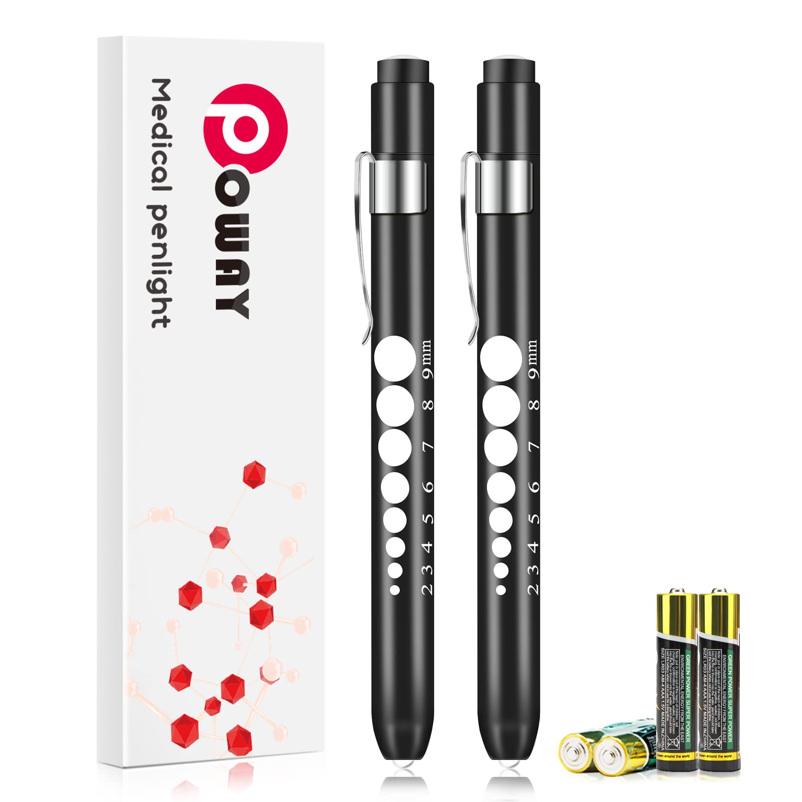 Opoway Nurse Penlight with Pupil Gauge LED Medical Pen Lights for Nursing Doctors Batteries Free, Black 2ct.