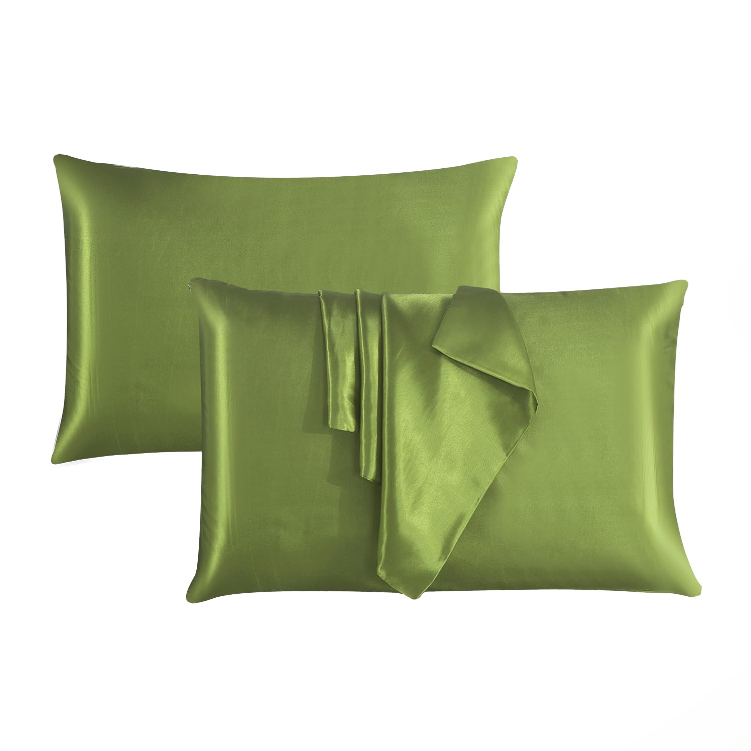 ROOEE Satin Silk Pillowcases for Hair and Skin 2 Pack Standard Size 50x75cm Envelope Closure Pillow Case (OLIVE GREEN)