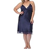 Women's Plus Size Full Slips Lace Chemise Lingeries Sexy Front Slit Negligees Silky Nightgown Sleepwear
