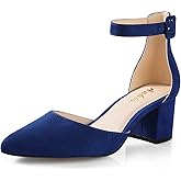 Ankis Closed Toe Heels for Women -Navy Blue Pointed Toe Heels Low Block Chunky Women Pumps with Ankle Strap -2.25 Inch