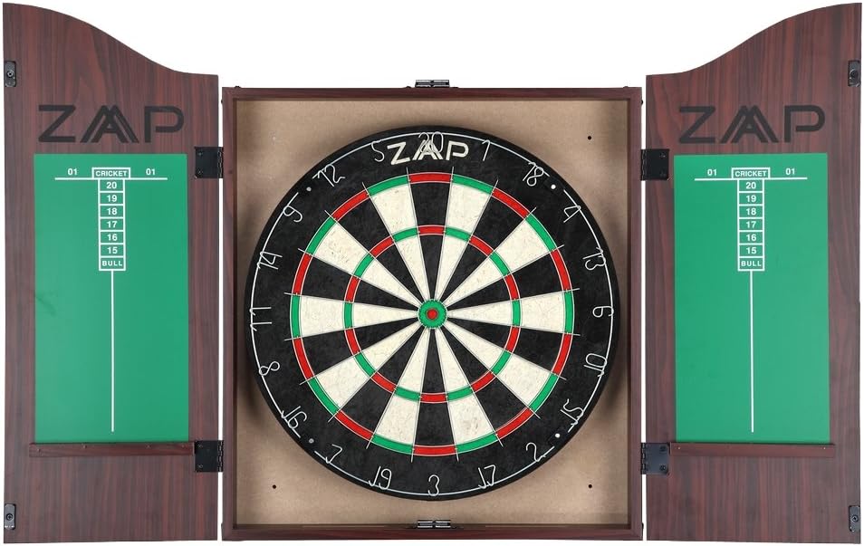 ZAAP Steel Tip Darts Sisal Dartboard & Wood Cabinet Set