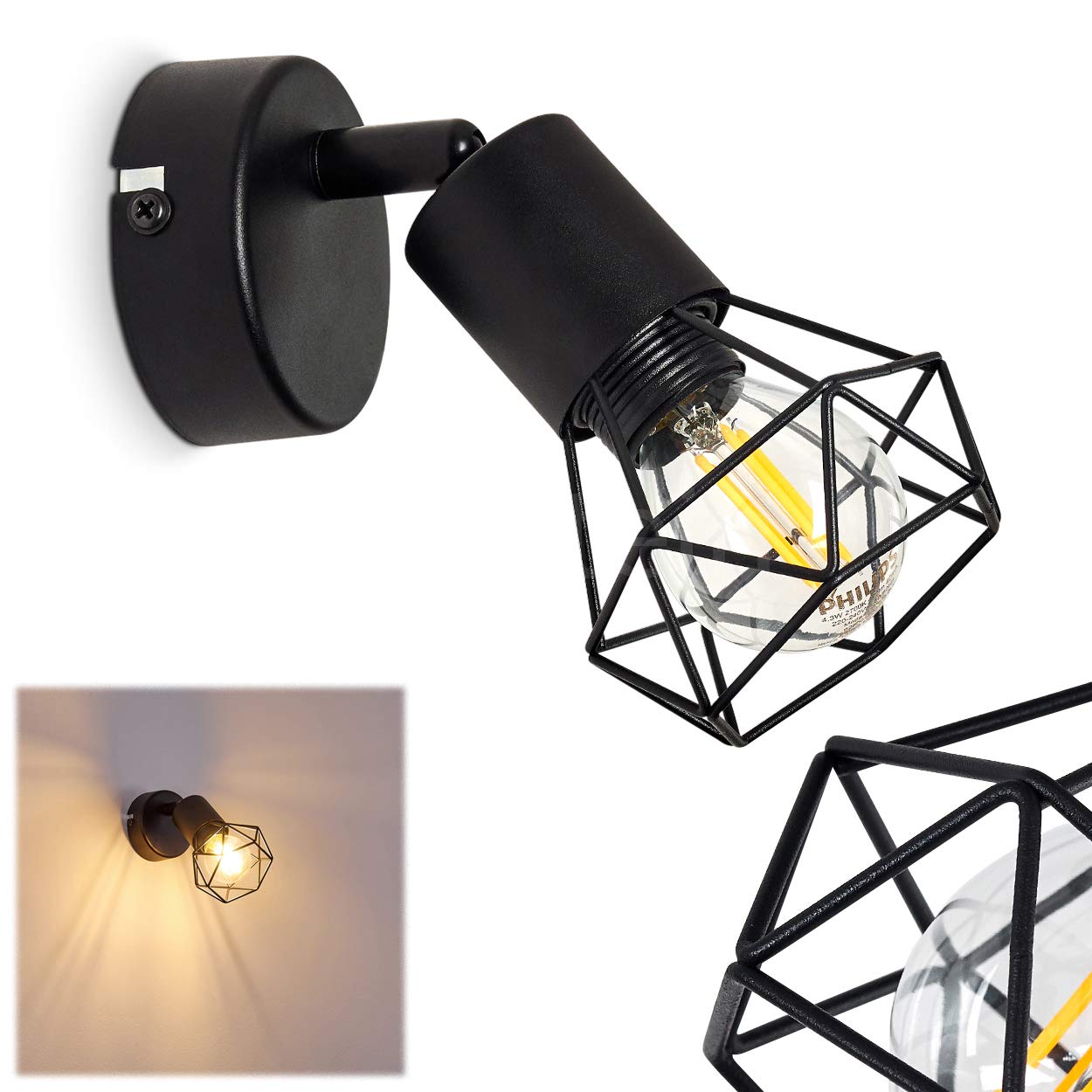 hofstein Wall Light Baripada, Adjustable Wall lamp Made of Metal in Black, 1-Flame, 1 x E14, Wall spot in Retro/Vintage Design in Grid-Look with Light Effect, Without Bulbs