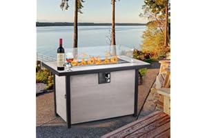 AVAWING Propane Fire Pit, 42 inch 50,000 BTU Gas Fire Pit Table with Glass Wind Guard, Table Lid, Fire Glass, Waterproof Cover, Outdoor Gas Fire Pit for Garden, Patio, Backyard (Beige)