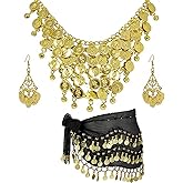 HJYZY 3 pcs Belly Dance Hip Scarf for Women Belly Dance Gold Sequins Head Chain Coins Necklace Earrings Classic Dance Accessories