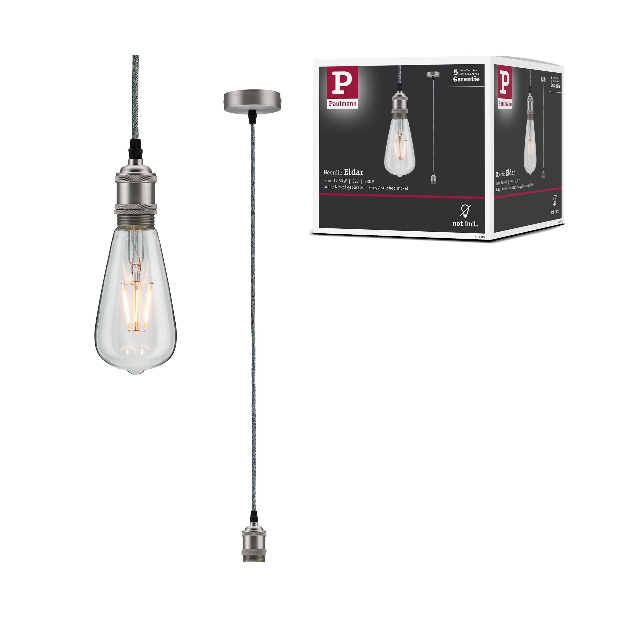 Paulmann 50385 Pendant luminaire Neordic Eldar max. 20 watt Pendant lamp Grey, Nickel Ceiling lamp Metal Pendant luminaire E27