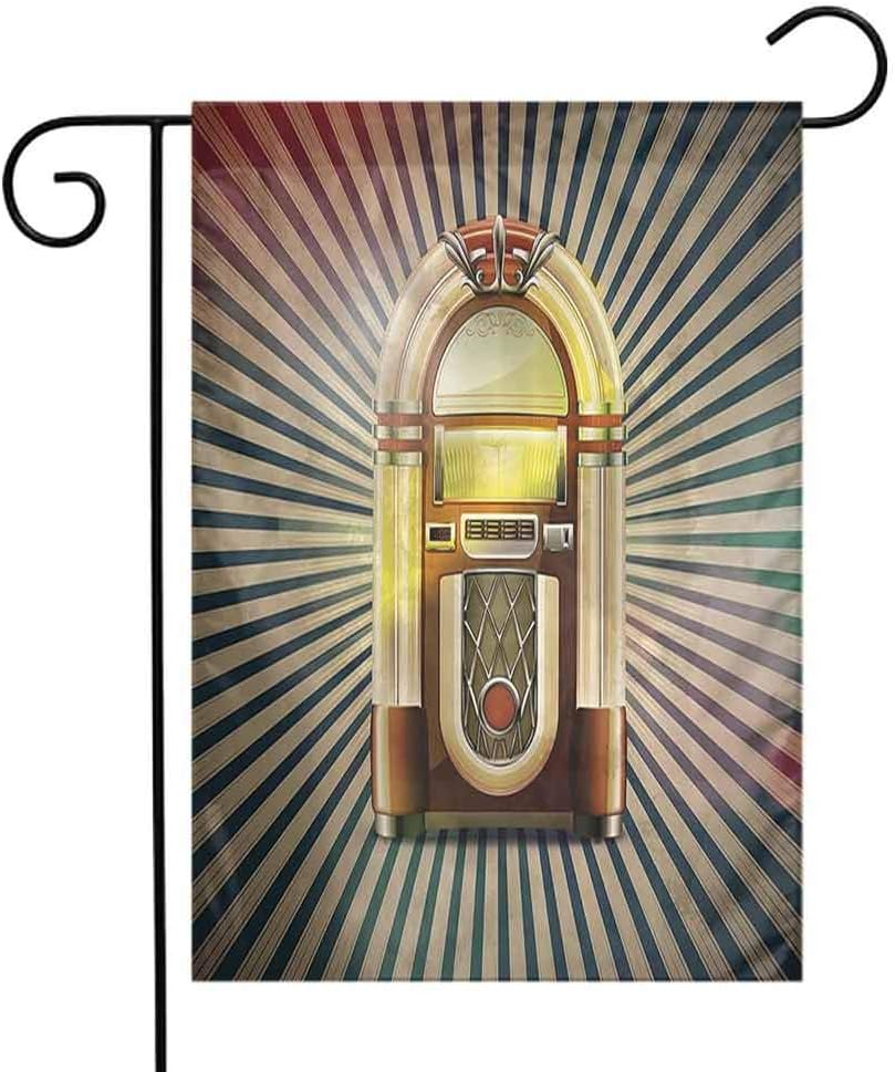 Jukebox Modern Garden Flag Retro Vintage 50s Pin Up Inspired Striped Backdrop Old Music Box Double-Sided Printing Add Beauty Brown Beige and Petrol Green W12 x L18